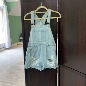 Magnolia South distressed denim overall shorts